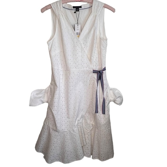 Tommy Hilfiger White Eyelet Lace Sleeveless V Neck Wrap Dress Pockets Size M NWT - Picture 3 of 16